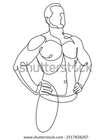 Linear drawing of a perfect body fit model man posing vector illustration isolated, muscular macho sexy guy with naked torso topless.
