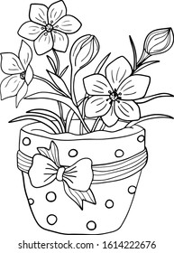 Linear drawing, a pot of flowers. Coloring. Outline drawing.