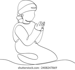 Dibujo lineal - una plegaria de un musulmán con la espalda puesta. Tarjetas de felicitación Ramadan Kareem, afiches y pancartas.