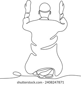 Lineare Zeichnung - ein Gebet eines Moslems mit seinem Rücken gedreht. Ramadan Kareem Grußkarten, Poster und Banner.