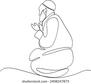 Linear drawing - a prayer of a Muslim with his back turned. Ramadan Kareem greeting cards, posters and banners.