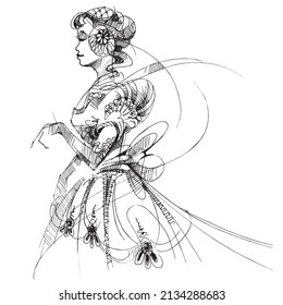 Linear drawing of the queen. Princess in a lush dress. Retro style. Countess at the ball