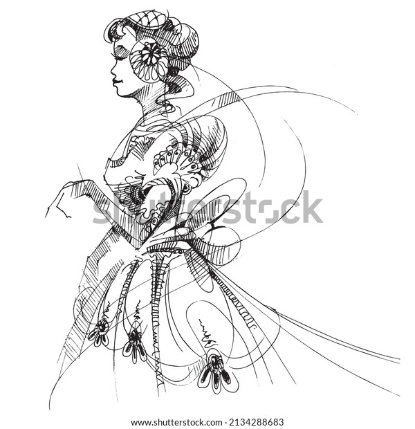 Linear drawing of the queen.\
Princess in a lush dress. Retro style. Countess at the\
ball
