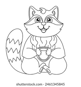 Linear drawing of raccoon with mug. Child's character for coloring book. Simple drawing of an animal. Forest Wild Animals coloring book for kids. Vector outline cartoon illustration.