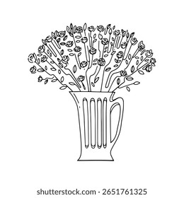 Linear drawing of roses in a vase. Vector illustration. Elegant floral arrangement in sketch style. Doodle style. 