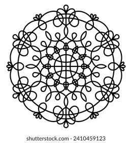 Linear drawing of a round symmetrical ornament. Monochrome geometric illustration.