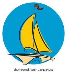 Linear drawing of a sailboat in the waves. Single line illustration of a yacht at sea. Logo sailboat in the sea. Boat with yellow sails and a red flag on the waves