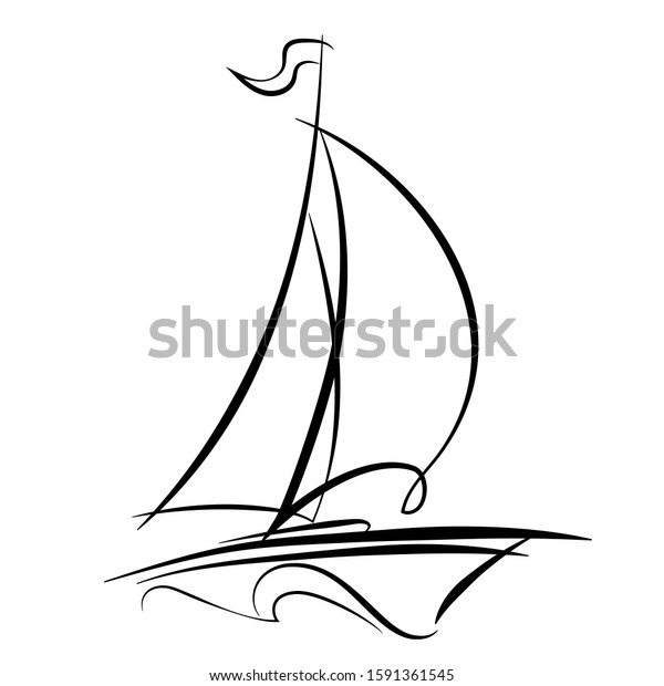 Linear drawing of a sailboat in the waves. Single\
line illustration of a yacht at sea. Logo sailboat in the sea. Boat\
with sails on the waves