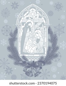 Linear drawing of the scene of the birth of Jesus Christ in a classic Gothic frame framed by spruce branches with bells in light gray and blue subdued colors.   Vector illustration