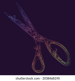 Linear drawing of scissors in zentangle style. Contour rainbow gradient tailor scissors. Large cutting scissors