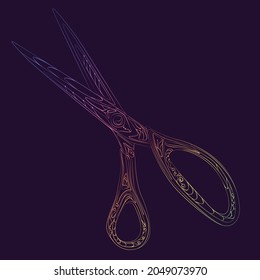 Linear drawing of scissors in zentangle style. Contour rainbow gradient tailor scissors. Large cutting scissors