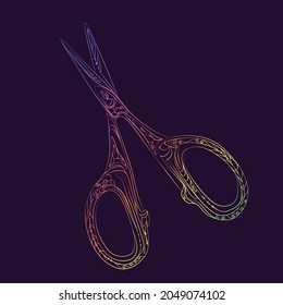 Linear drawing of scissors in zentangle style. Contour rainbow gradient tailor scissors. Large cutting scissors