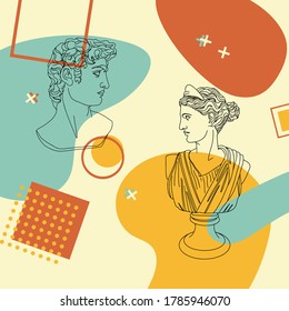 Linear drawing of the sculpture of the goddess Diana and David. Technique modern collage, memphis style. Geometric shapes and forms. Vector stock illustration on isolated background. 