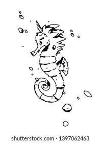 Linear drawing of a sea horse. Fashion tattoo. Vector. Outline drawing. Hipster style. T-shirt pattern.
