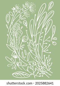 linear drawing, set of plants on a green background