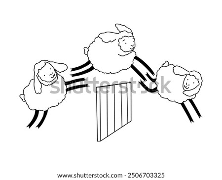 Linear drawing of sheep jumping over a fence, sleep, counting sheep. Vector illustration