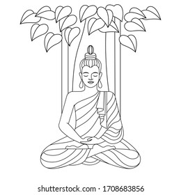 a linear drawing shows the Buddha sitting under a tree. black outline on a white background. stock vector illustration. EPS 10.