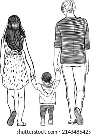 Linear Drawing Silhouette Family Is Coming Mom Dad Baby Son Black And White