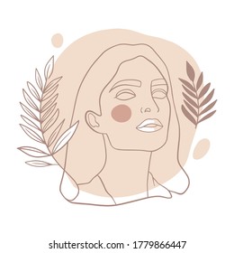 Lineare Zeichnung. Ein einfaches Portrait von schöner Frau, abstrakten Formen, floralen Elementen. Stilvolle Person, Make-up, Frisur. Schönheitsindustrie, Mode, Kunstdruck. Moderne minimalistische Illustration, Vektorgrafik.