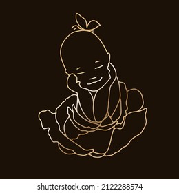 Linear drawing, sketch, golden outline of a baby in a cabbage smiling, a butterfly on his head.