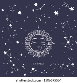 Linear drawing of sleeping sun and moon with lettering. Greeting card, good night, sweet dreams, outer space with falling stars, star dust and constellations