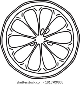 Linear drawing of a sliced orange in a cartoon style on a white background. Coloring page for adults and children for New Year