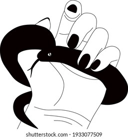Linear drawing of a snake on the girl's hand. Minimalistic style. Print for tattoo parlor. Abstract illustration.