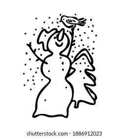Linear drawing of a snowman and a Christmas tree for Christmas and New Year. A small bird sat on the snowman. Vector doodle illustration