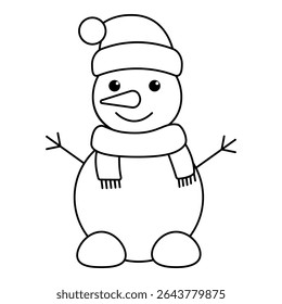 Linear drawing of snowman isolated on a white background. Linear icon, vector illustration. Cheerful snowman with cap and scarf.