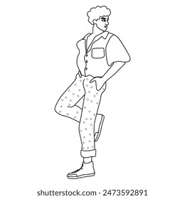 A linear drawing of a standing man. Guy leaning on a wall. Sketch style. Colouring book page.