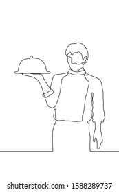 Linear drawing of a standing waiter with a tray with a dish in his right hand. Continuous line drawing of a black outline of a restaurant employee with an order