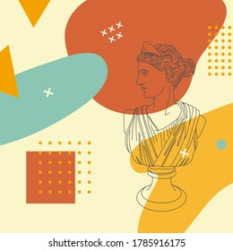 Linear drawing of a statue of the goddess Diana. Technique modern collage, memphis style. Geometric figures. Vector stock illustration on isolated background. Fashion print and art logo symbol.