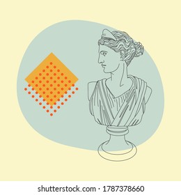 Linear Drawing Of A Statue Of The Goddess Diana. Technique Modern Collage, Memphis Style. Geometric Figures. Vector Stock Illustration On Isolated Background. Fashion Print And Art Logo Symbol.