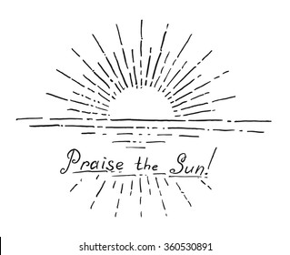 Linear drawing of sun rise. Vintage style of the image. Hipster style. Light rays of burst. Hand drawn vector illustration