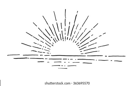 Linear Drawing Of Sun Rise. Vintage Style Of The Image. Hipster Style. Light Rays Of Burst. Hand Drawn Vector Illustration