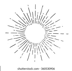 Linear drawing of sun. Vintage style of the image. Hipster style. Light rays of burst. Hand drawn vector illustration