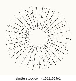 Linear drawing of sunshine rays in vintage style. Retro stylized symbol of sun. Hand drawn vector illustration isolated on black in vintage engraved style. Line art tattoo template. 
