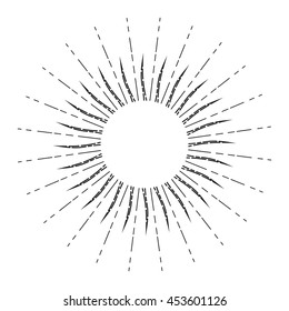 Linear drawing of sunshine rays in vintage style. Sunburst isolated on white background. Retro stylized symbol of sun. Sunlight outline vector illustration in EPS8 format.