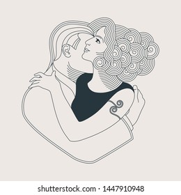 Linear drawing for tattoo or embroidery with the image of a hugging loving couple. A man gently kisses his beloved
