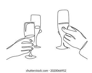 linear drawing of three girlfriends having a party and drinking champagne. Champagne glasses in the hands of women.