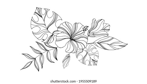 Dibujo lineal de hojas tropicales de palmeras y flores de hibisco. Ilustración vectorial.