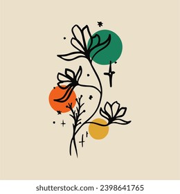 Linear drawing of a twig with flowers and bright shapes. Spring card, poster. Magical radiance, fabulous flowers, hand drawn.