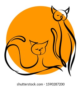 Linear drawing two cats. Vector logo stylized cat. Modern illustration in line art styles. Kittens on an orange background