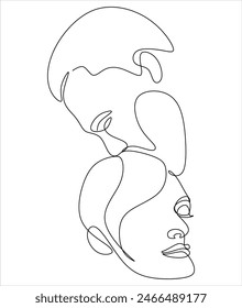 Linear drawing of two faces man and woman. Couple in love. Kiss drawing without artificial intelligence