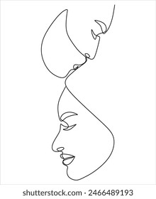 Linear drawing of two faces man and woman. Couple in love. Kiss drawing without artificial intelligence