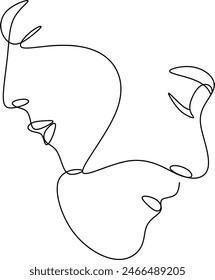 Linear drawing of two faces man and woman. Couple in love. Kiss drawing without artificial intelligence