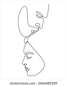 Linear drawing of two faces man and woman. Couple in love. Kiss drawing without artificial intelligence