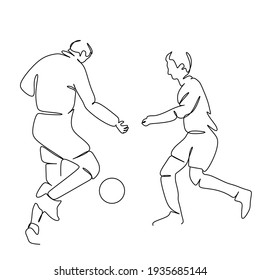 A linear drawing of two football players hitting the ball. Football players