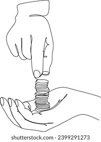Linear drawing of two hands passing money. Financial industry. Banking, business. Without artificial intelligence