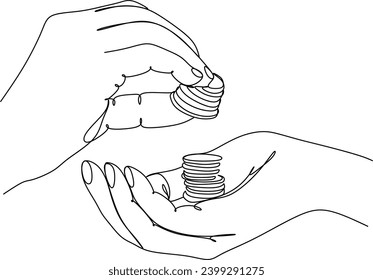 Linear drawing of two hands passing money. Financial industry. Banking, business. Without artificial intelligence